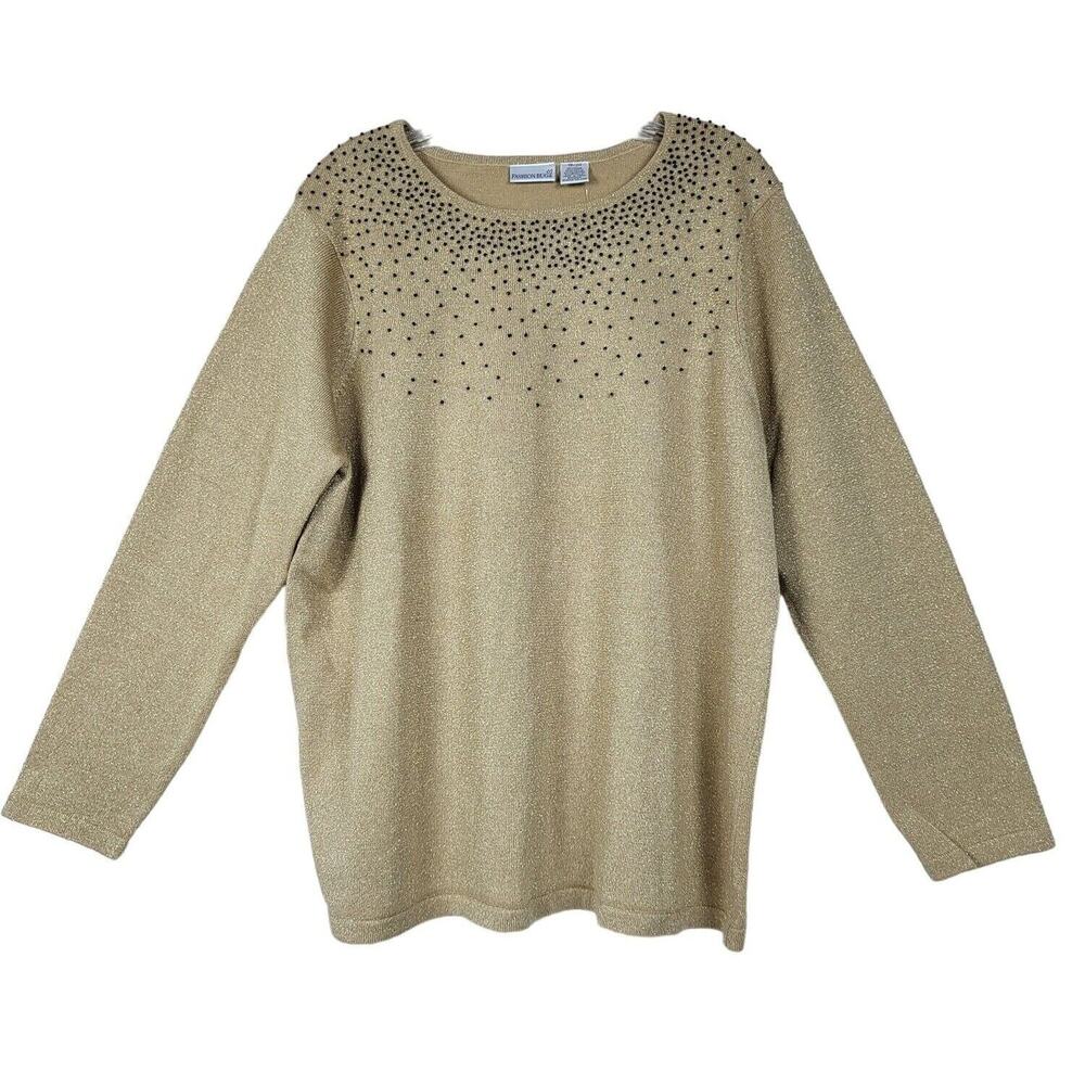 Fashion Bug Embellished Tunic Sweater Women 18/20 Gold Metallic Beads Tan